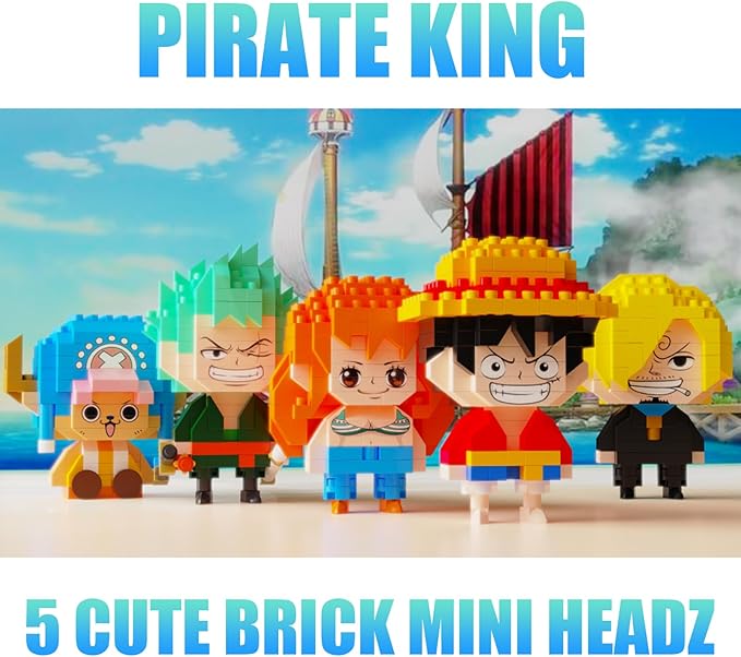 5 Pirate Figures Brick Mini Headz Building Toy 5 Cute Main Straw Hat Crew Pirate Figures Characters Merch Piece One Micro Blocks Set Ideal Valentine's Day Gift for Fans Adult Teen 14+ (1025PCS)