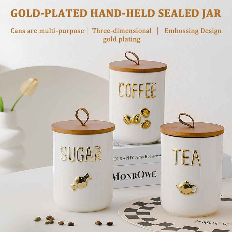 Simcat 27oz Ceramic Canister Set with Airtight Seal Bamboo Lid and Silicone Seal Damp-Proof Kitchen Jar Tea Coffee Sugar Canister Set Food Storage Containers (Portable sealed jar-(coffee))