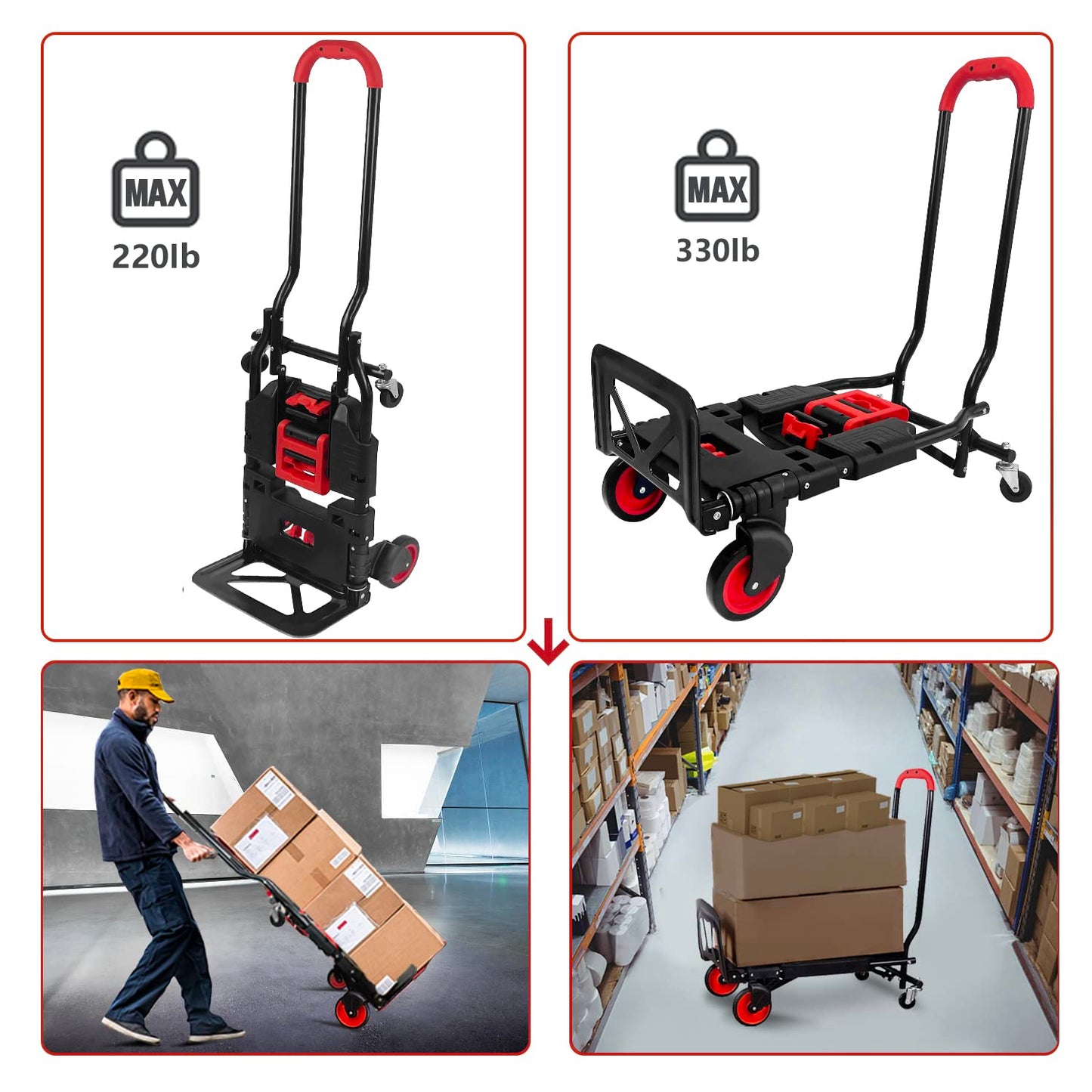 Folding Hand Truck, Portable Dolly Cart with Rubber Wheels and Retractable Handle, 2 in 1 Design 264lbs Capacity Hand Cart Foldable for Transportation/Luggage/Mobile/Travel/Office Use