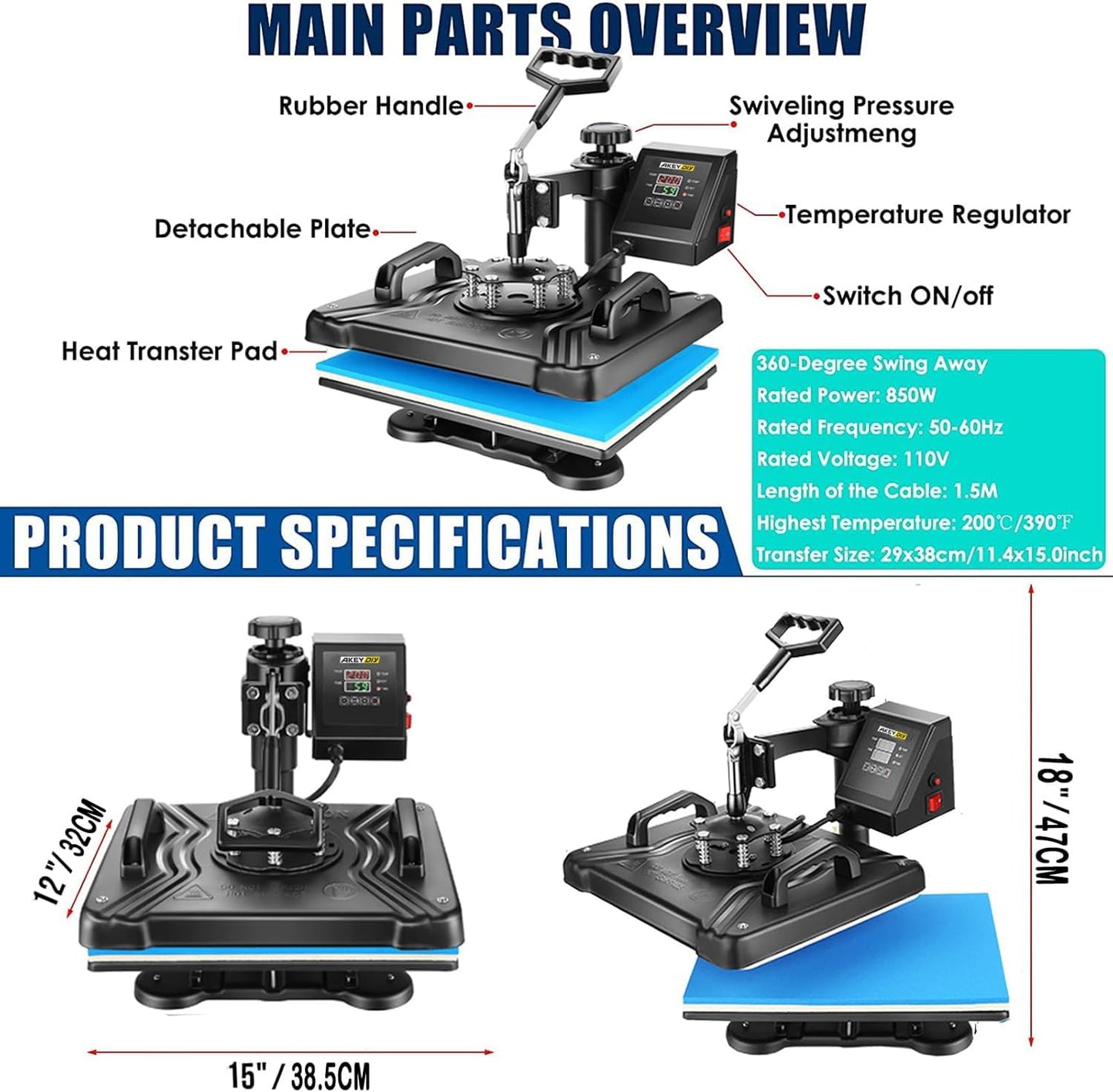 AKEYDIY Professional 5 in 1 Heat Press Machine for t Shirts Digital Heat Press Combo 12" x 15" 360-degree Swing Aweay Shirt Press Machine Sublimation Heat Press for T Shirts Mug Hat Plate
