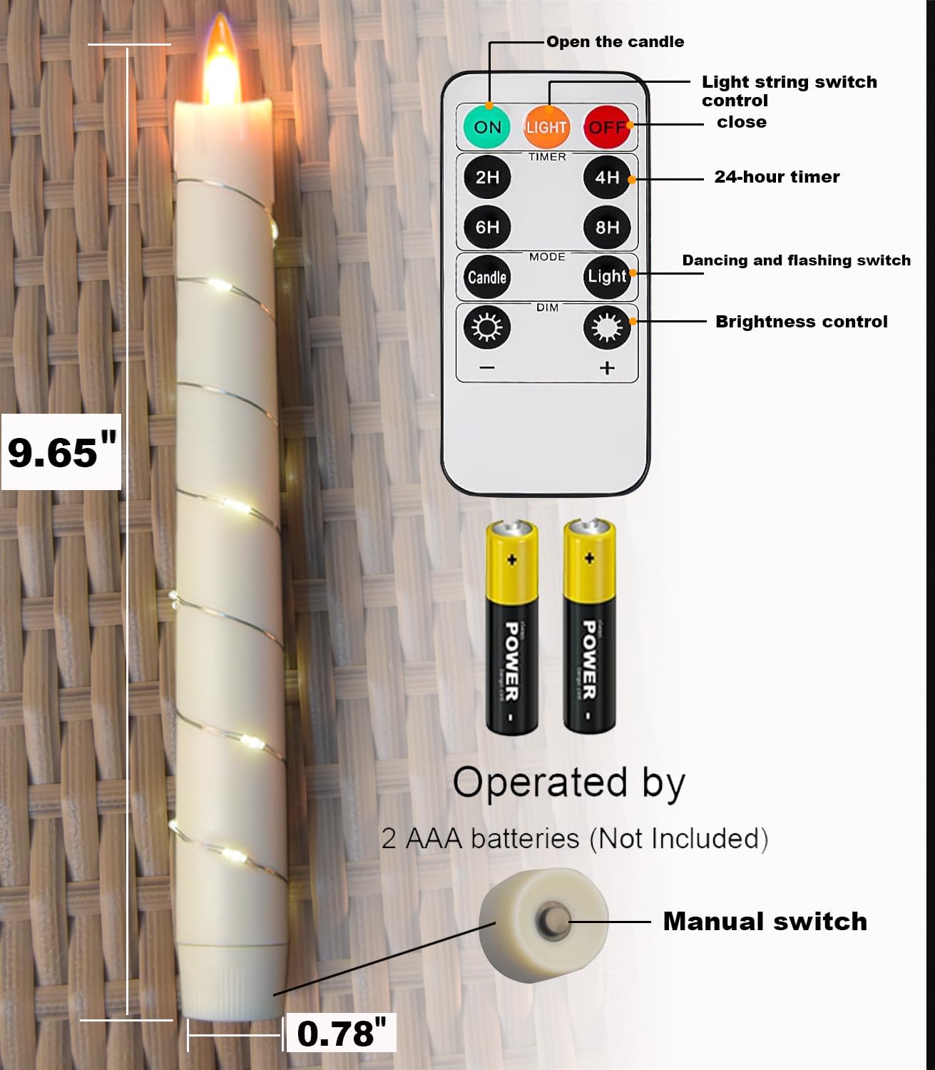 Flameless Cone Candle with Built-in Star String Light, 11-Button Remote Control, Timer, Battery Powered, Simulated Flame, 3-Pack Window Candle, Christmas Home & Wedding Decoration (Ivory)