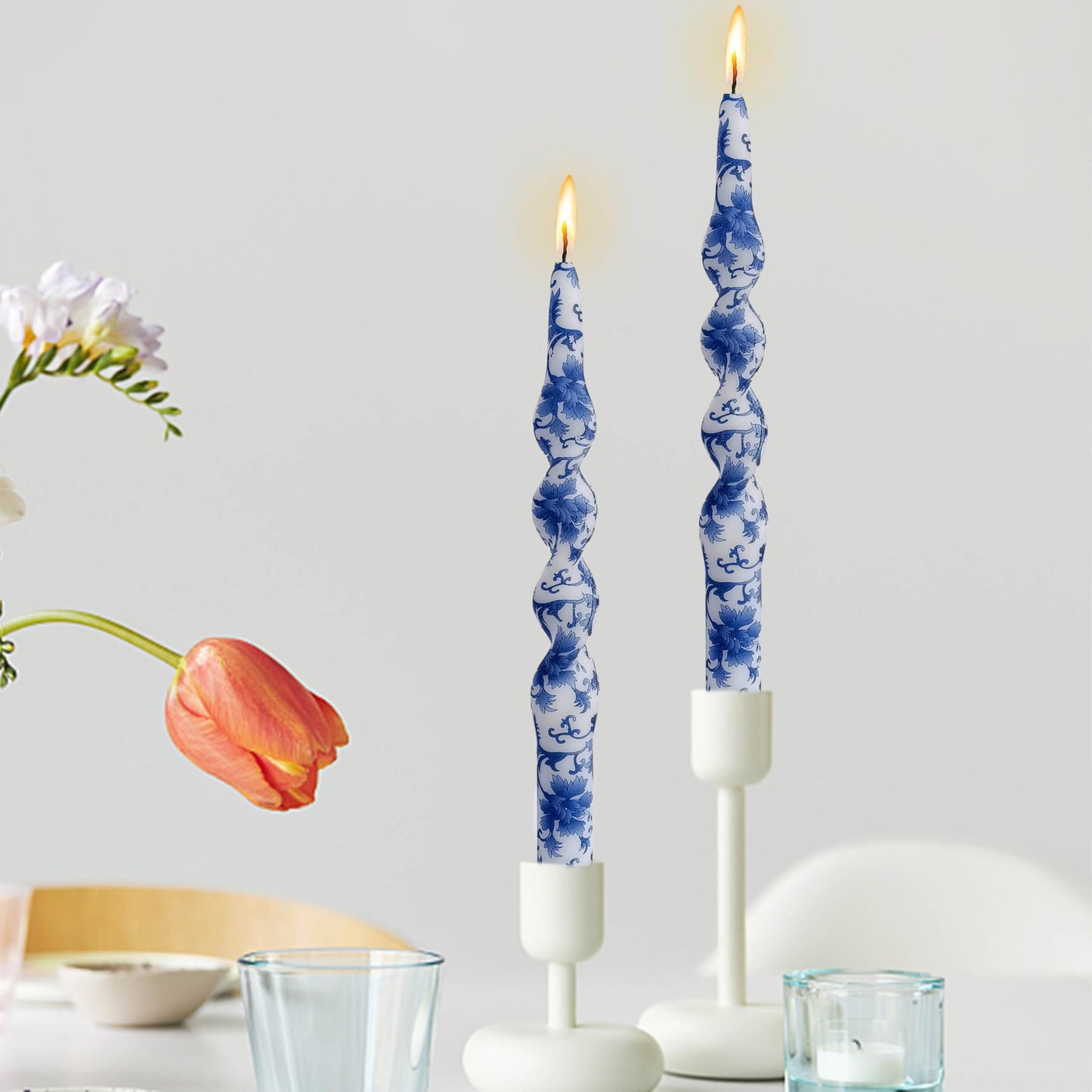 Blue White Porcelain Spiral Candles Sticks Floral Twisted Taper Candles 10 in Hand Printed Taper Candle for Home Garden Decor, 2Pcs