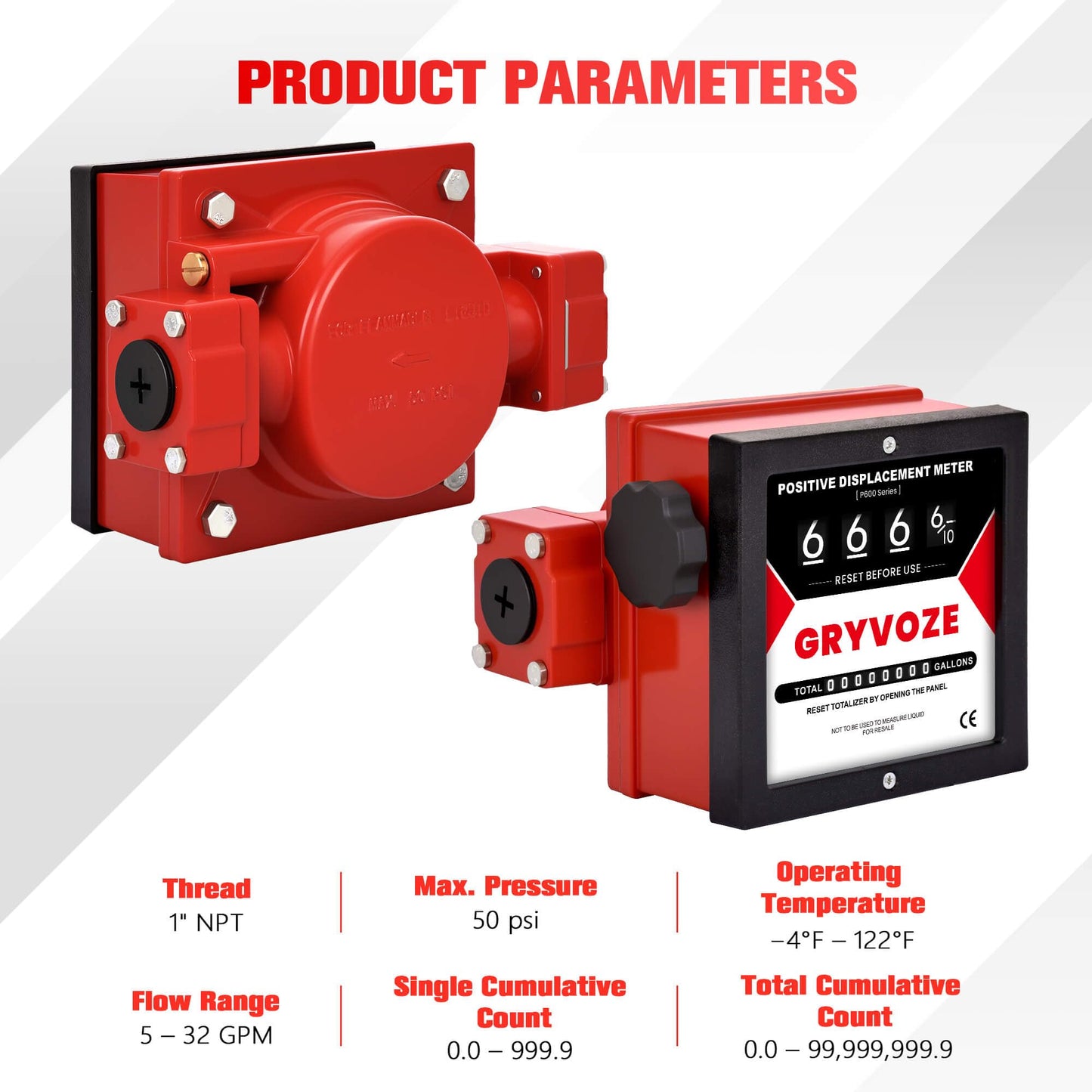 GRYVOZE 1 Inch Mechanical Fuel Flow Meter, 5–32 GPM Positive Displacement Fuel Pump Meter for Diesel, Gasoline & Oil, Industrial Grade, Gallon Totalizer Counter