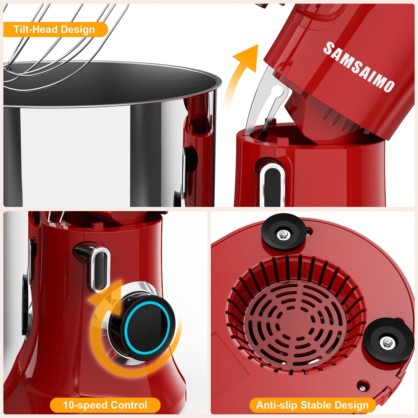 SAMSAIMO 3-IN-1 Electric Stand Mixer, 10-Speed With Pulse Button, Attachments include 6.5QT Bowl, Dough Hook, Beater, Whisk for Most Home Cooks (Empire Red)