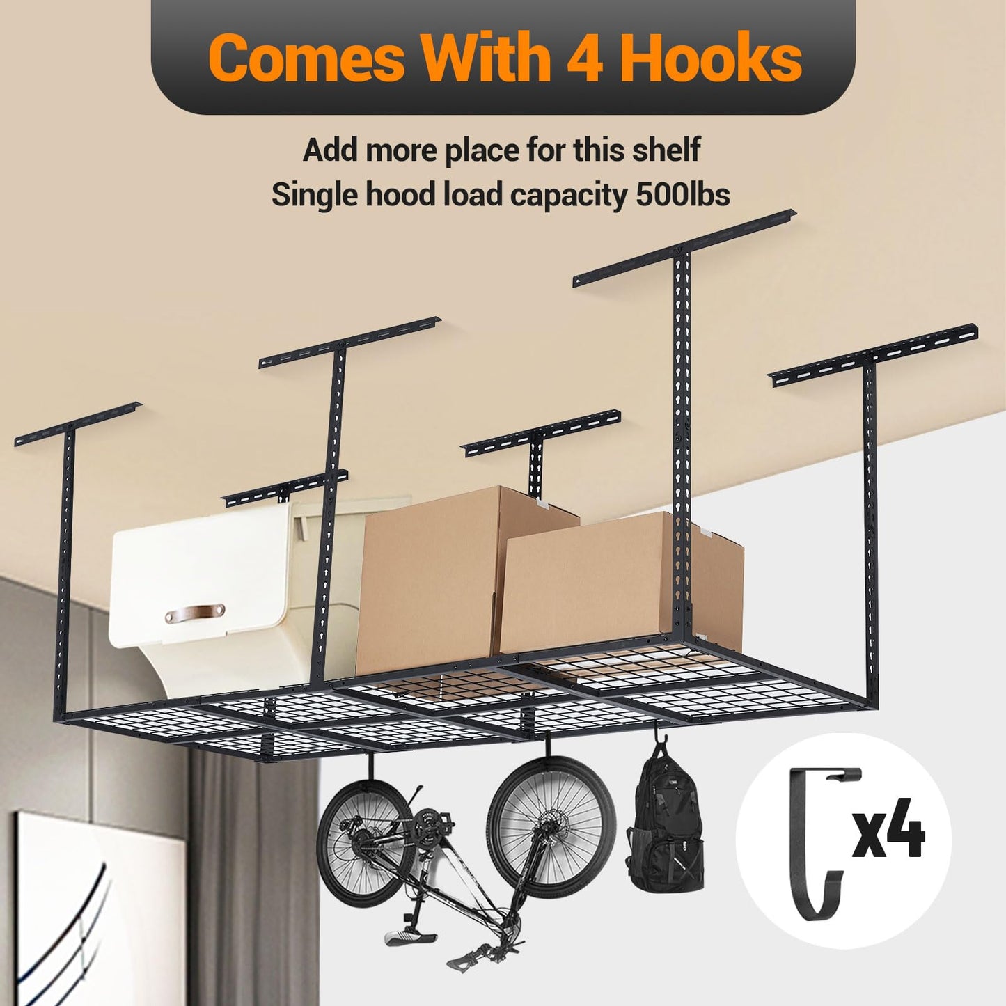 PioneerWorks Garage Ceiling Storage Racks, 96'' x 36'' Heavy-Duty Steel Garage Ceiling Rack with Space-Saving Design, Easy Installation, Adjustable Height, and Durable Finish for Garage