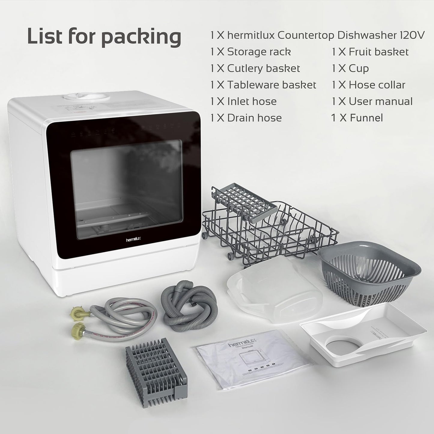 Hermitlux Countertop Dishwasher, 7 Washing Programs Portable Mini Dishwasher with 5-Liter Built-in Water Tank for Apartments & RVs, LED Light, Glass Door, No Hookup Needed