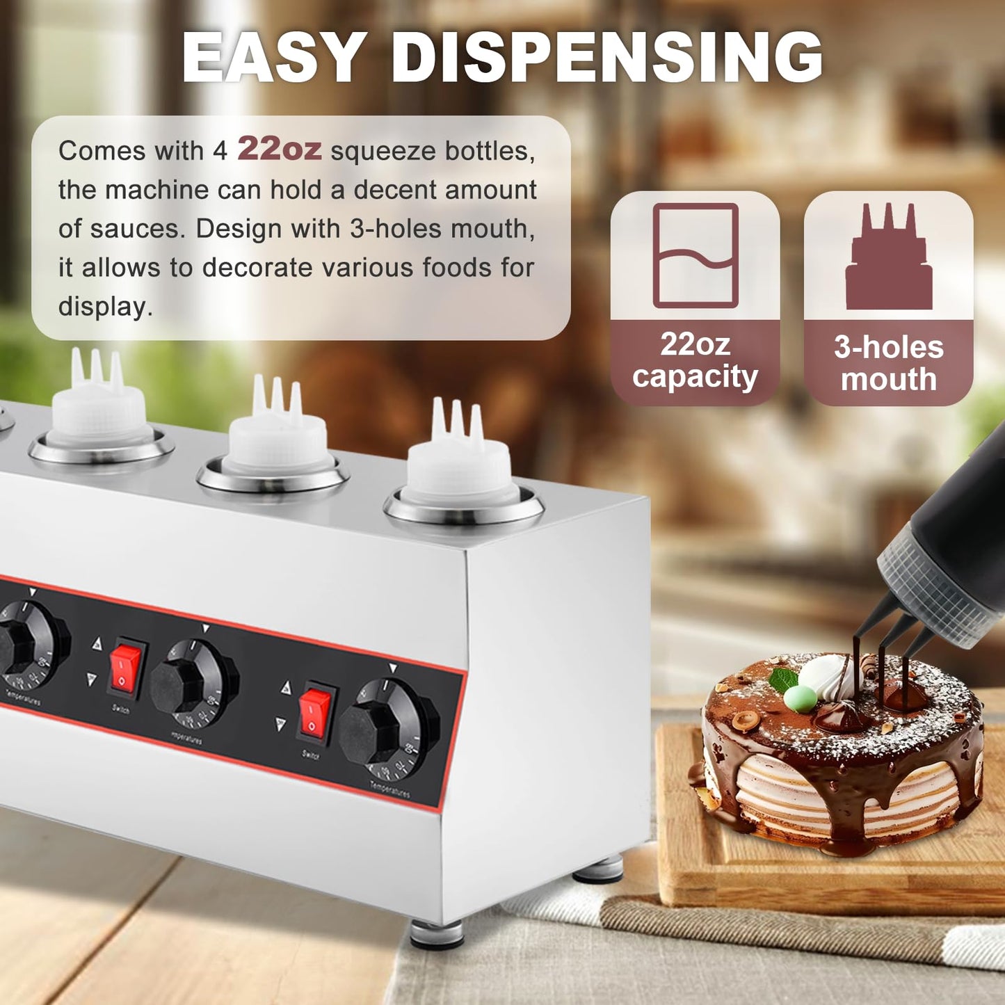 Saladulce Sauce Warmer Dispenser Sauce Bottle Warmer Nacho Cheese Warmer Dispenser with 650ml Bottles, Bottle Warmer for Cheese Hot Fudge Caramel, 86-185℉110V