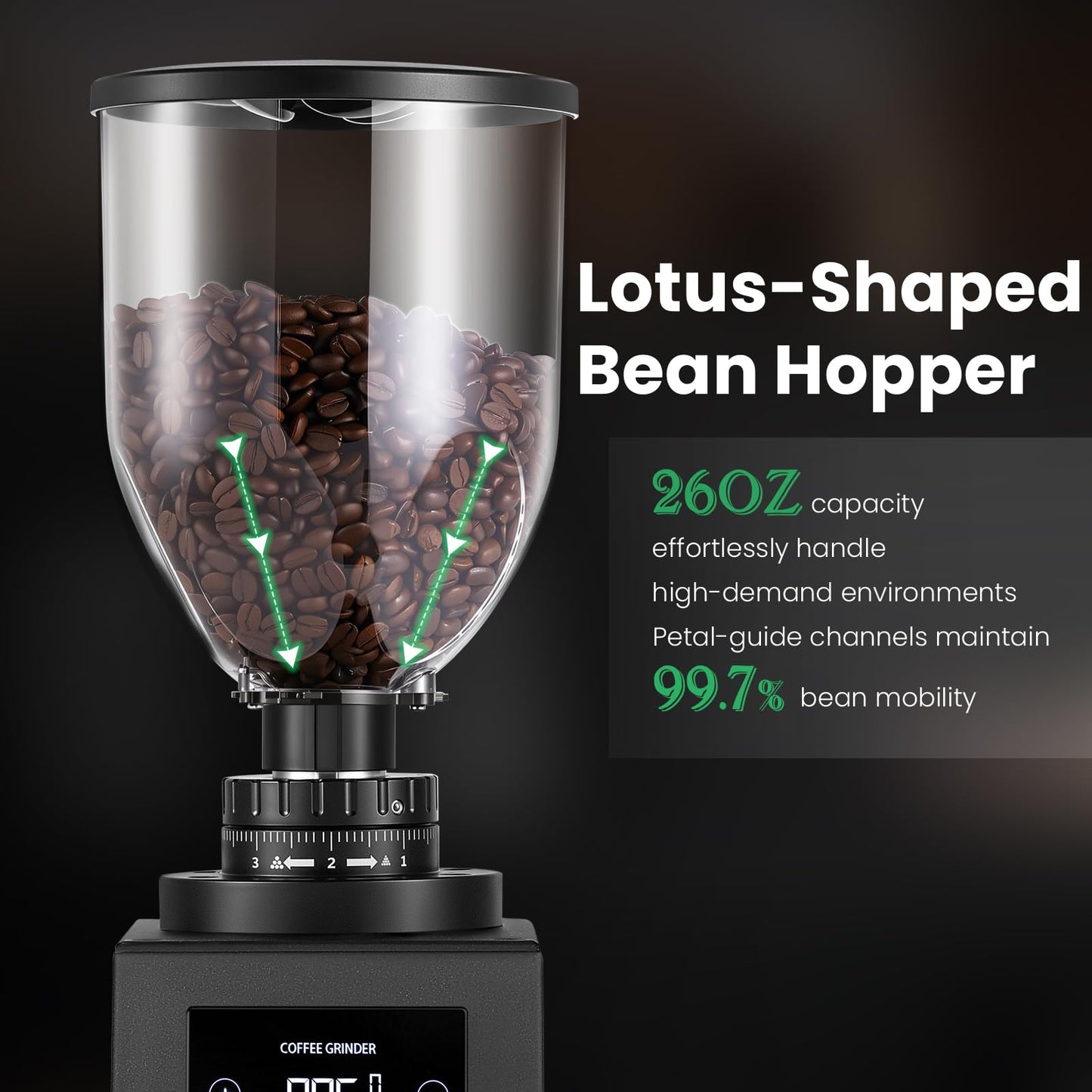 Huanyu Electric Coffee Bean Grinder 250G Automatic Burr Grinder Green and Huanyu Commercial Coffee Grinder with 64mm Flat Burr Anti-Flying Grounds Outlet 26oz Lotus Hopper Bundle