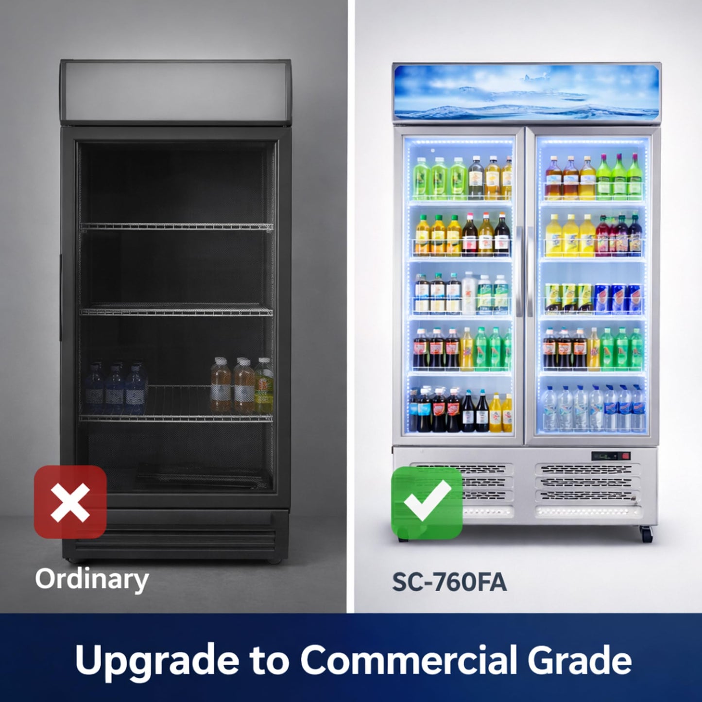 Commercial Refrigerator, 25.3 Cu Ft Commercial Merchandiser Refrigerator, Upright Beverage Display Cooler with 2 Glass Door and LED Light, Large Business Cooler for Home Restaurant Grocery Stores