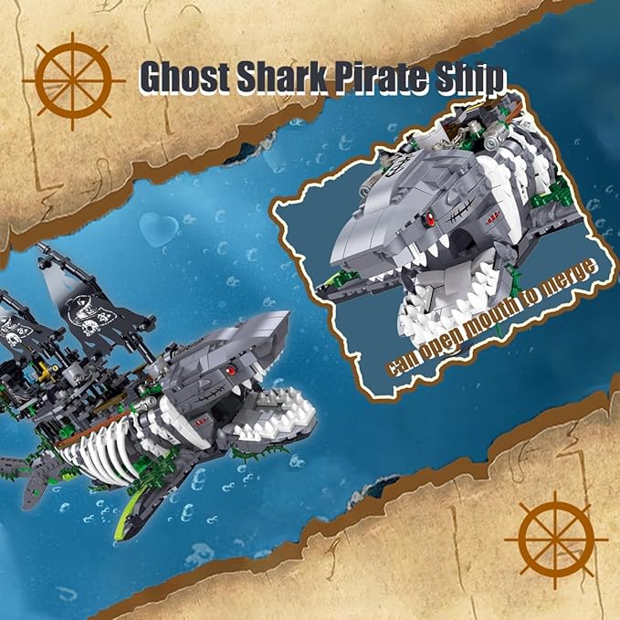 Ghost Shark Pirate Ship Mini Building Blocks Set (1155 Pieces) Building Set Model Toys Gifts for Kid and Adult Interesting Gifts for Pirate Ship Enthusiasts