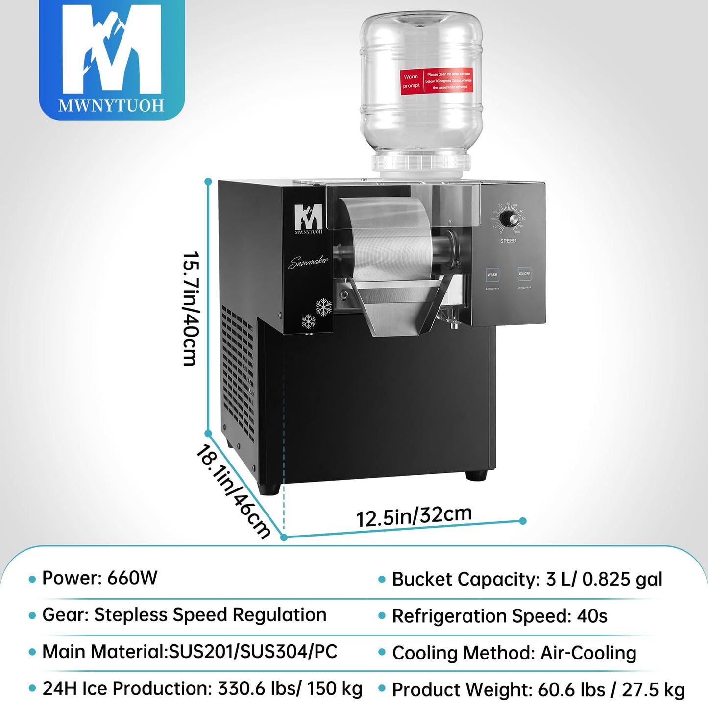 MWNYTUOH Snowflake Ice Machine, 330.6LBS/24H 660W Shaved Ice Machine, Rapid Cooling, Food-Grade Stainless Steel Material, Snowflake Ice Maker for Dessert, Ice Cream,Suitable for Party&Commercial Use