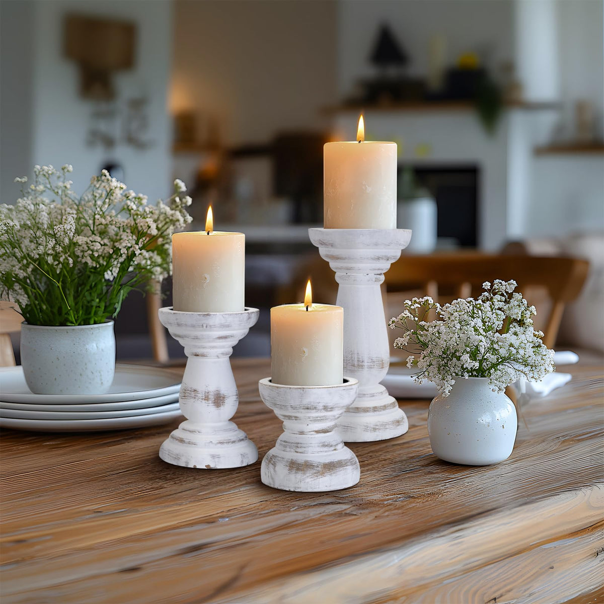 Candle Holder for Pillar Candle Set of 3, Farmhouse Wood Candle Holder, Rustic Wooden Candle Stand, Decorative Wood Candlestick Holders for Living Room, Table Centerpiece (RusticWhite)