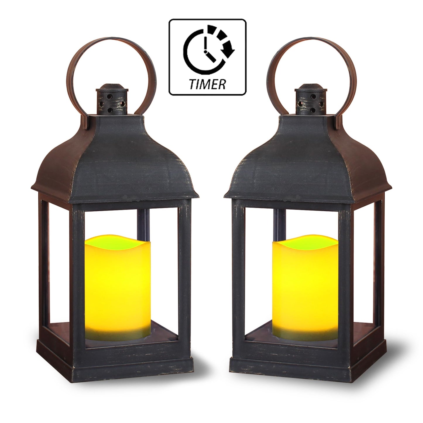 WRalwaysLX 2pack Decorative Lantern with flameless LED Candle Light, ON/Off/Timer Candle with 6Hours, Outdoor/Indoor LED Lantern, Use AAA Battery(not Include) Bronze Plastic (4x9)