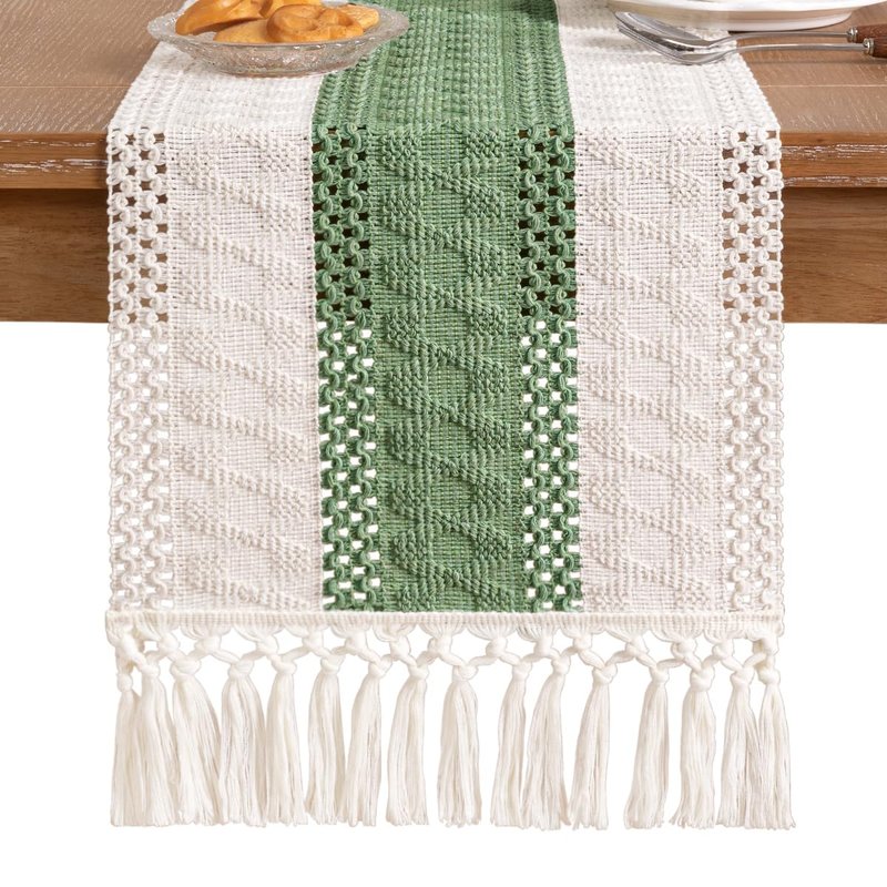 Socomi Boho Table Runner Summer Farmhouse Rustic Dining Kitchen Decor Small Macrame Woven Cotton Linen Coffee Table Runner for Dresser Scarf Home Decor 12x48 inch Sage Green Ivory