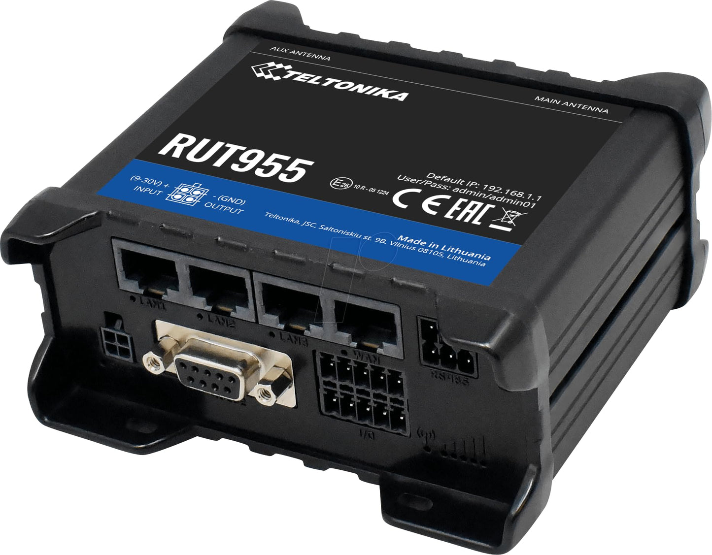 RUT955V03550, 4G/LTE (CAT 4), Dual SIM, 4 WAN/LAN (10/100), WiFi 2.4, GPS, USB, RS232/485, 8 I/O, SD