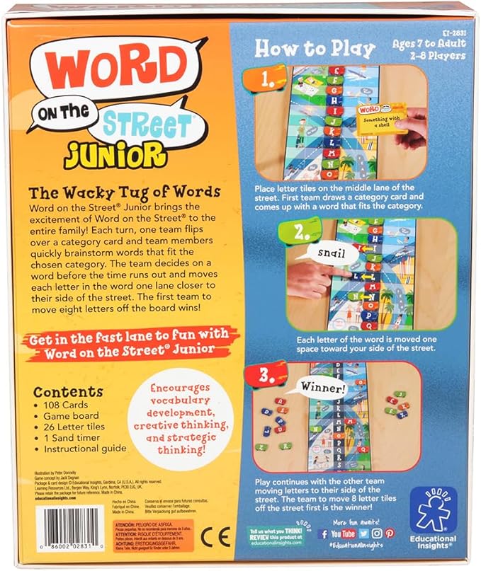 Educational Insights Word on the Street Junior - Family Board Games for Kids and Adults Word Game to Teach Vocabulary and Spelling Fast-Paced Kids Games for Family Game Night
