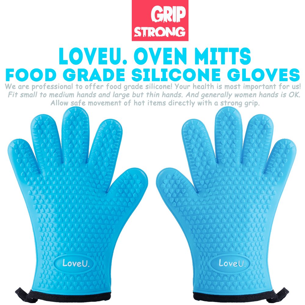 Loveuing Kitchen Oven Gloves - Dual-Layer Heat Resistant Grilling Gloves, Silicone Oven Mitts with 5 Fingers, Waterproof Non-Slip Pot Holder for Barbecue, Cooking, Baking (Blue)