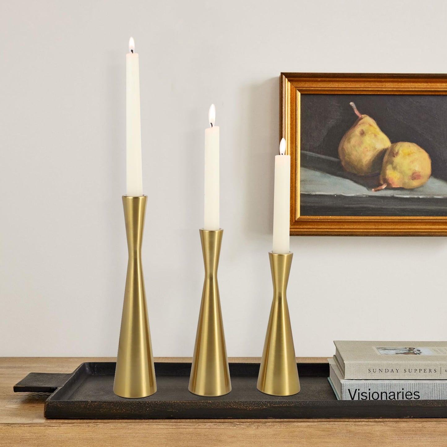 Vixdonos Brass Gold Taper Candle Holders Metal Candlestick Holders Set of 3 Table Mantel Decorative Candle Stand for Dinning,Party,Wedding,Home Decor(Brass Gold)