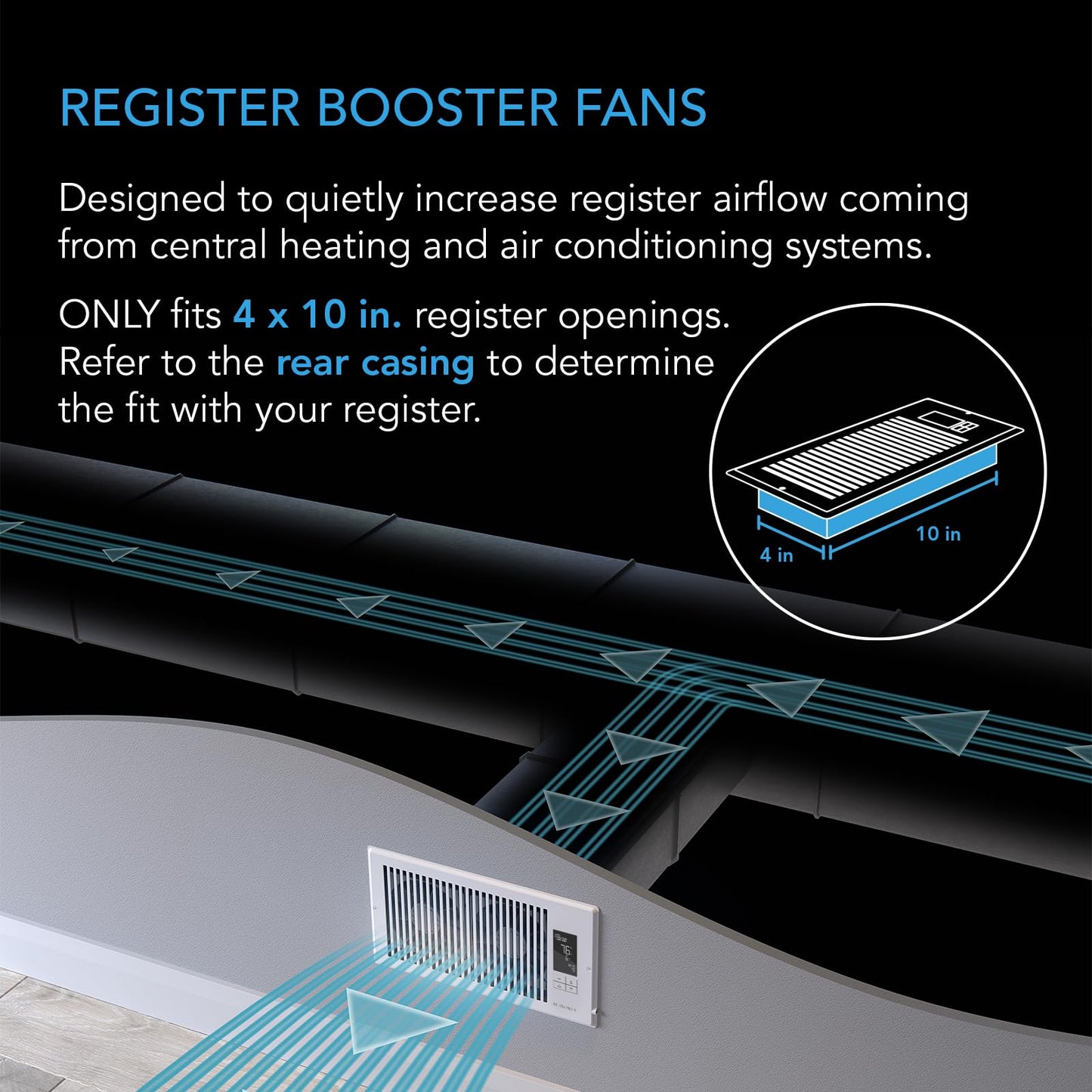 AC Infinity AIRTAP T4 Bronze, Register Booster Fan for 4” x 10” Register Holes, Improves Heating & Cooling Vents, Quiet 10-Speeds, Bluetooth App Control Data Alerts. ONLY FITS 4” x 10” Duct Openings