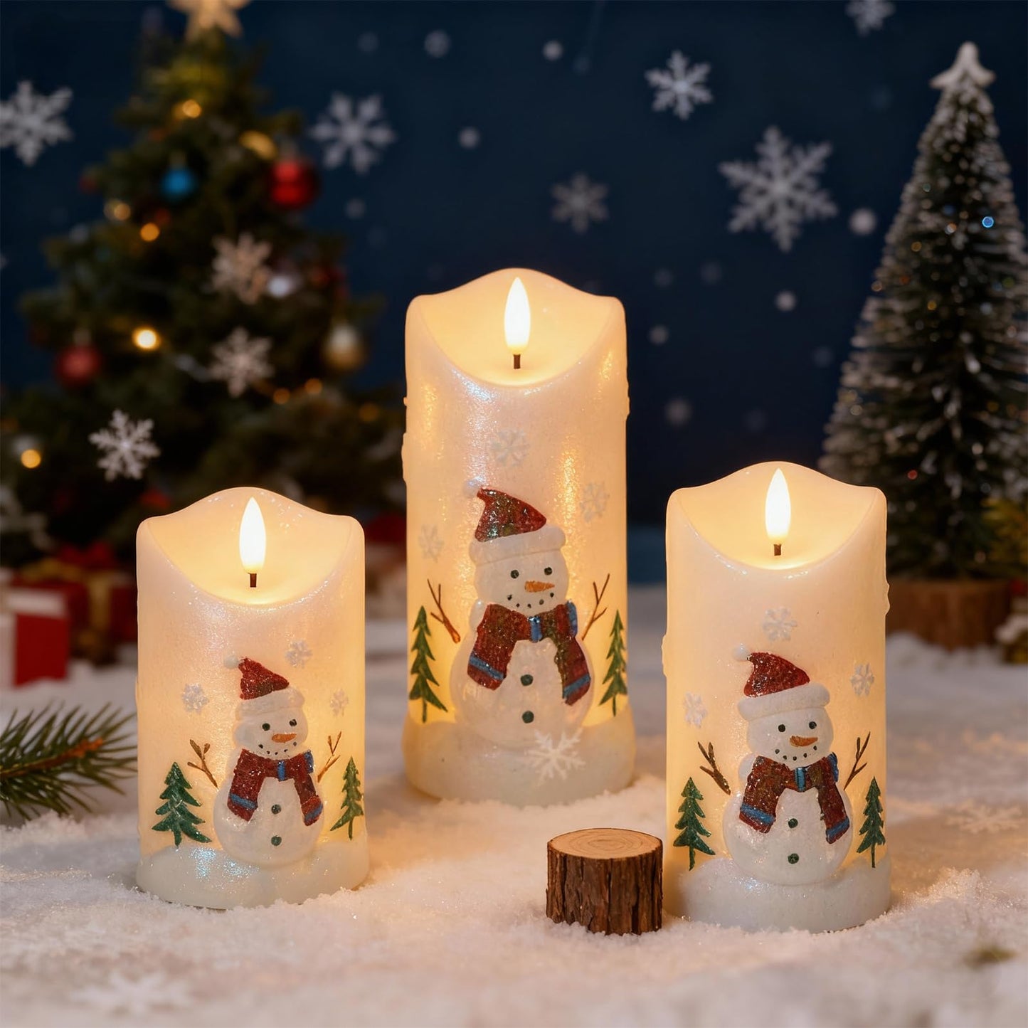DRomance Snowman Flameless Candles Battery Operated with Remote and Timer Real Wax 3D Wick Flickering LED Pillar Candles Color Painted Carved Snowflake Christmas Holiday Decor(3" D x 5", 6", 7" H)