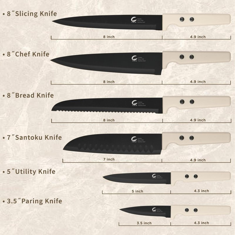 CuCut 12-Piece Kitchen Knife Set, Nonstick Coating Chef Knives Set with 6 Blade Guards, Double Rivets, Dishwasher Safe, High Carbon Stainless Steel Blades for Cooking, Cutting, Chopping