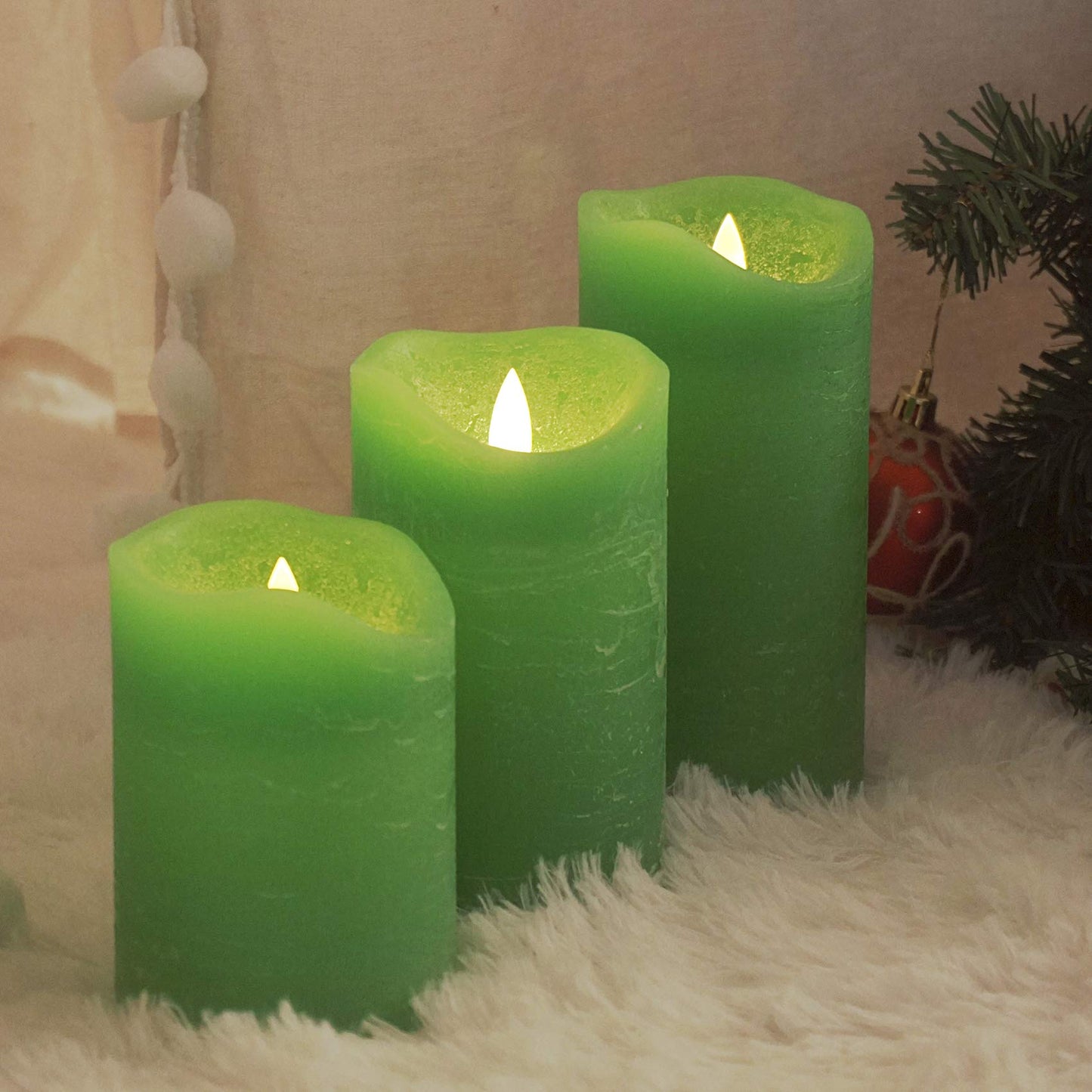 Magiq Set of 3 Apple Green Battery Operated Flameless Candles with Remote Timer Realistic Flickering Real Wax LED Pillars for St. Patrick's Day Table Centerpieces Christmas Decorations Home Decor