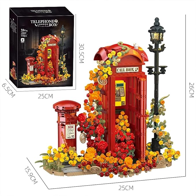 London Retro Red Telephone Booth Architecture Set with LED Lighting Creative Flores Phone Box for The Office and Home Set Adult Collector Decor 1142pcs