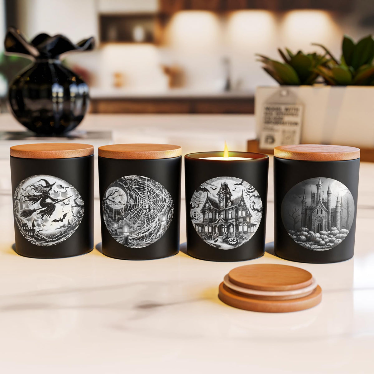 NATIKON 9oz Black Glass Candle Jars with Airtight Lids - Pack of 4 with Haunted House, Castle & Witch Designs for Candle Making & Storage (4)