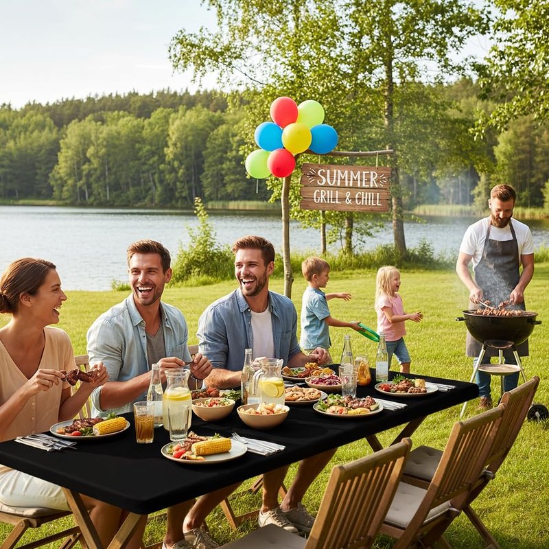 Smiry Rectangle Picnic Table Cloth, Waterproof Elastic Fitted Tablecloths for 8 Foot Tables, Washable Polyester Table Cover for Camping, Indoor and Outdoor (Black, 30"x96")