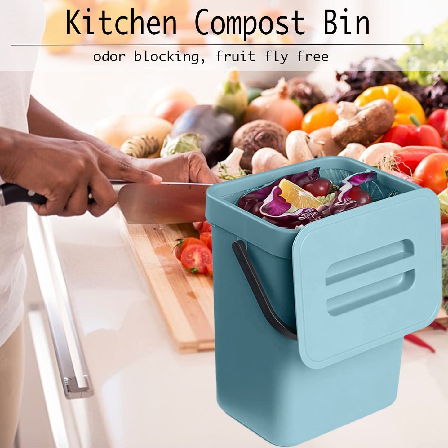 LALASTAR Small Trash Can with Lid, Compost Bin Indoor Kitchen Sealed Under Sink for Kitchen, Food Waste Bin for Countertop, Mountable Garbage Can for Bathroom, RV, 5L/1.3 Gal, Blue