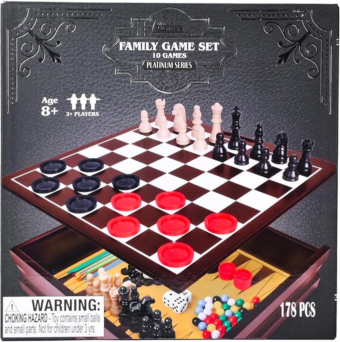 Elbow Room Games Family Game Set 10 Classic Games with Wooden Storage Box and Built-in Game Boards Endless Fun for Game Nights Gatherings & Travel 2+ Players