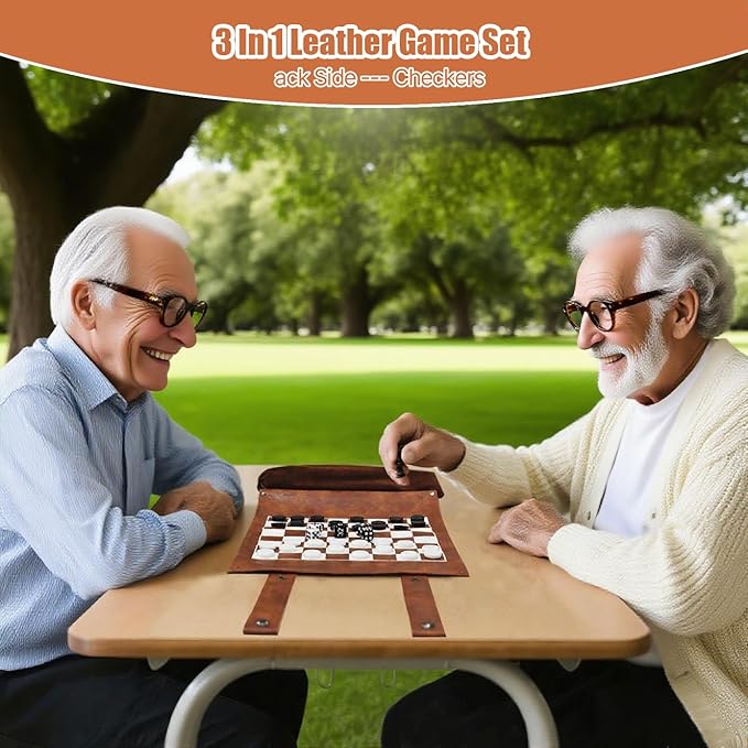 Chess Checkers and Backgammon Set 3 in 1 - Roll-up Leather Board Games Portable and Lightweight with Drawstring BagTravel-Size Board Game for Camping Backpacking Road Trips Adults