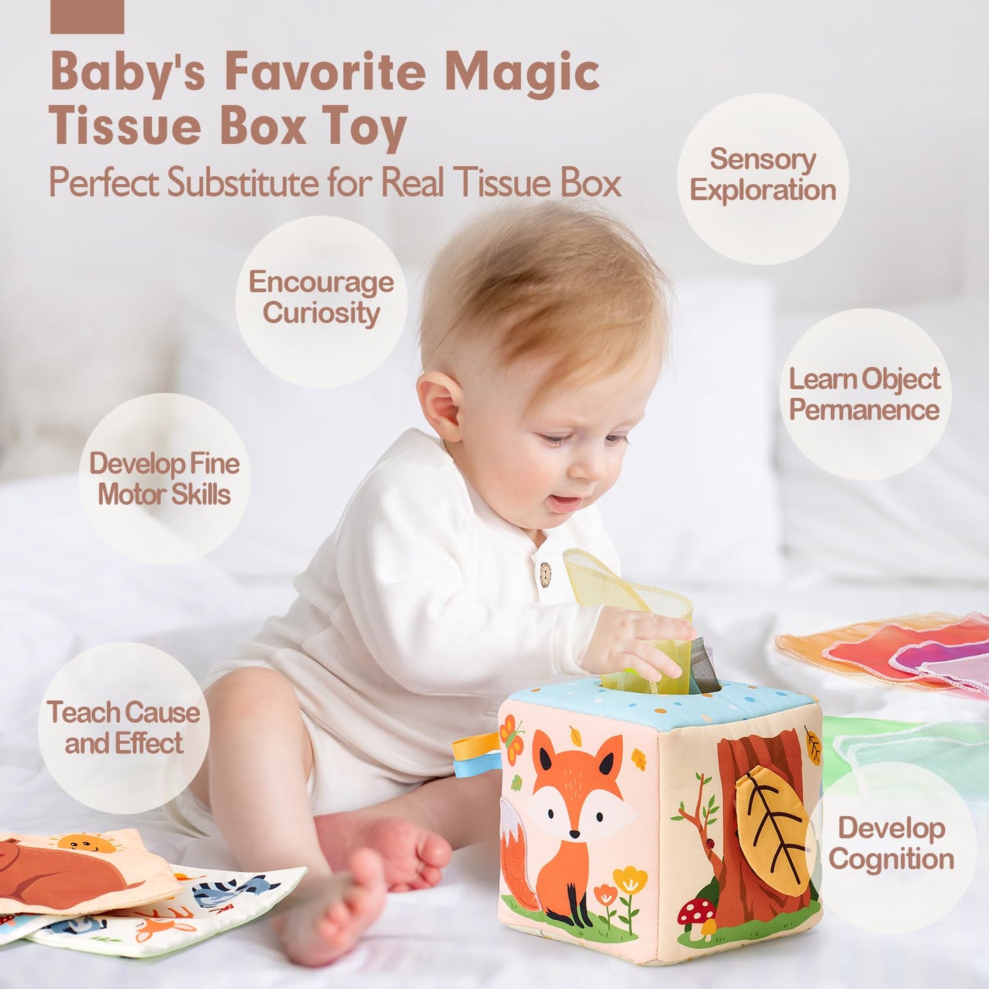 hahaland Baby Tissue Box Toy - Baby Toys 6-12 Months Montessori Toys for 6 Month Old Must Haves - Boy Girl Shower Gifts for Babies 6 9 12 18 Months Old Developmental Sensory Pulling Play Scarf Toy