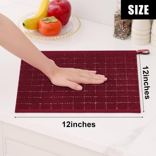 Homaxy 100% Cotton Terry Kitchen Towels(Burgundy Red, 13 x 28 inches), Checkered Designed, Soft and Super Absorbent Dish Towels, 8 Pack