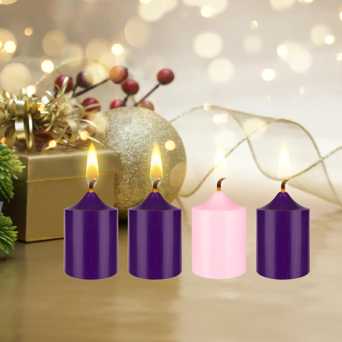 Mega Candles 4 pcs Unscented Christmas Advent Candles Set, Hand Poured Premium Wax Bell Top Round Pillar Candle 2 Inch x 3 Inch, Holidays, Festivities, Devotional, Church, Wreath, Party, Gifts