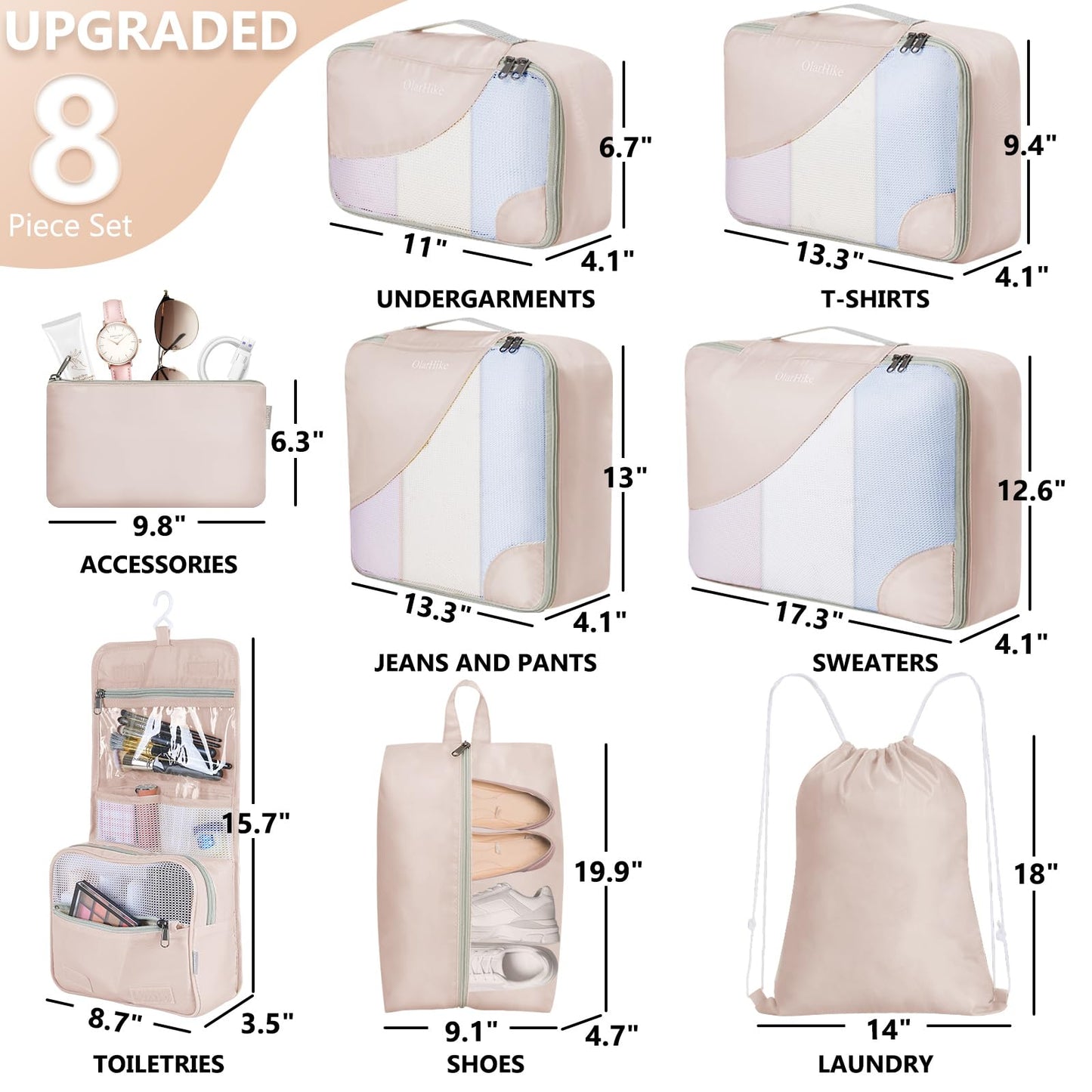 10 Set/8 Set Packing Cubes for Travel, Gifts for Women Mom,Anti-Tearing Suitcase Organizer for Luggage with Shoe & Hanging Toiletry Bag,OlarHike Vacation Essentials & Accessories for Cruise Ship,Cream
