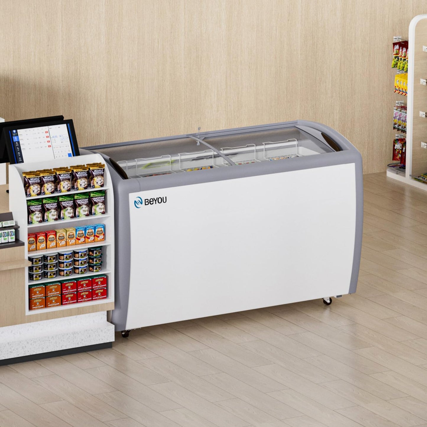 BEYOU Commercial Ice Cream Freezers with Display Glass Top,16.3 Cu.ft Chest Freezer with Wire Basket, White