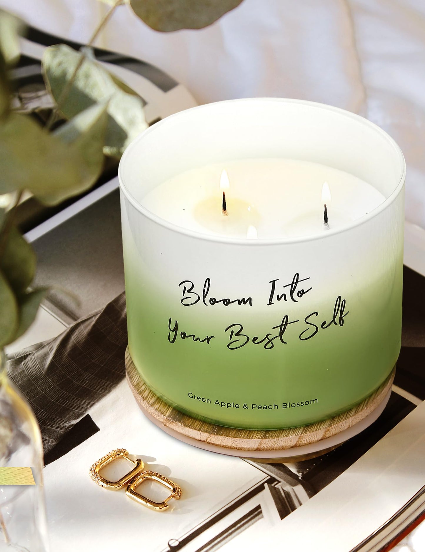 Green Apple Peach Blossom Scented Soy Candle - Large 3-Wick Aromatherapy Candle for Home, 15.8oz - Fresh Fruity Scent - “Bloom Into Your Best Self” Quote - Inspirational Home Decor Gift
