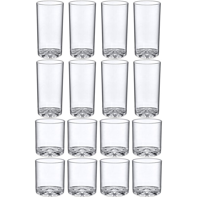 Amazing Abby - Liberty - 12-Ounce and 16-Ounce Plastic Tumblers (Set of 16), Plastic Drinking Glasses, All-Clear Reusable Plastic Cups, BPA-Free, Shatter-Proof, Dishwasher-Safe