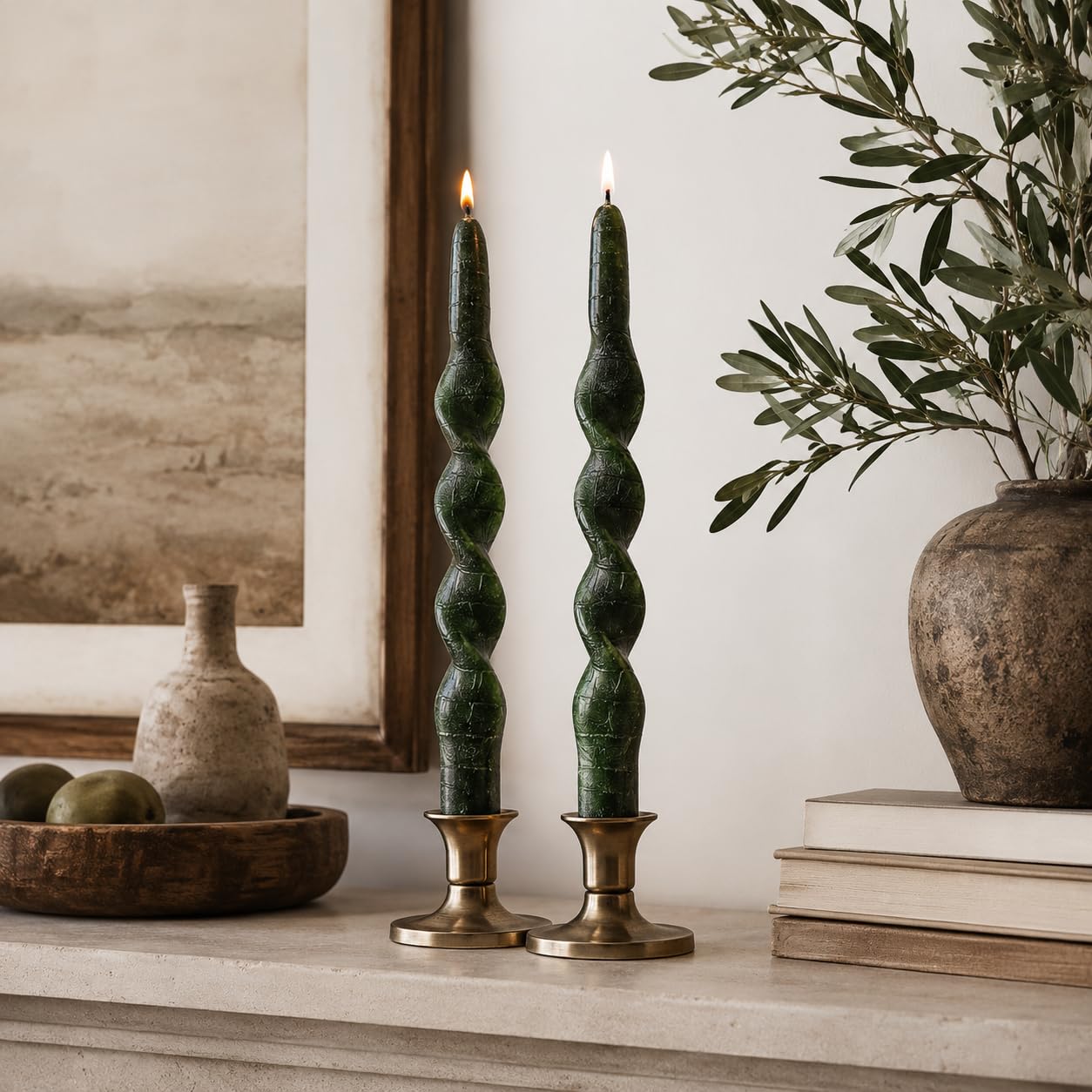 Snake Pattern Spiral Taper Candles Set of 2, 10 Inch Green Handmade Candle Stick, Unscented Twisted Candles, Tapered Candles for Wedding Dinner Home Decor Gift