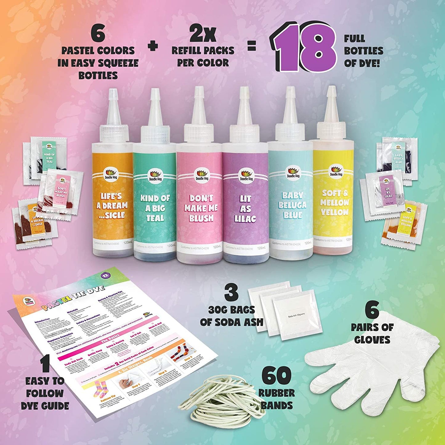 DOODLE HOG Pastel Tie Dye Kit for Large Groups, DIY Tie Dye Kit for Kids, Clothing Dye Supplies, Tie Dye Kits for Adults, 6 Full Bottles, 12 Refills Packets
