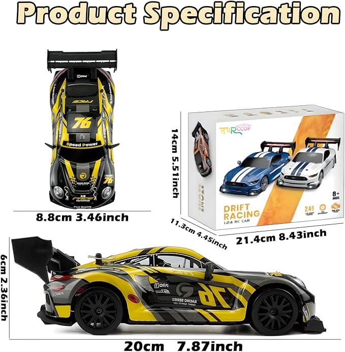 1:24 RC Drift 2.4GHz with LED Light Race Car Toys for Boy Girl 8-12 Years Old Speed Adjustable 25Km/HHigh Speed RC Racing Cars Perfect Toy Gift for Boys & Girls (Yellow)