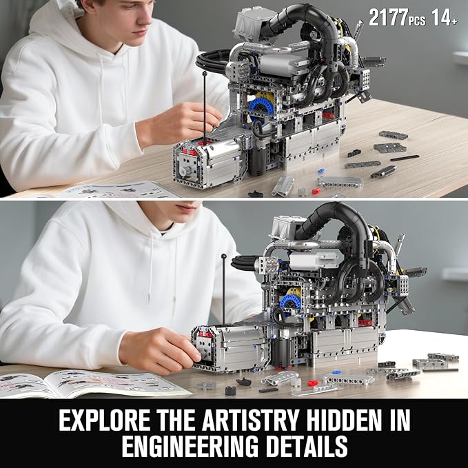 Mould King 10214 Engine Model kit That Runs Build Your Own Cars 4-Speed Transmission Engine That Works Engineering Kit for Display Collection STEM Kit Gift for Adults 14+ Teens/Adult (2177 Pcs)