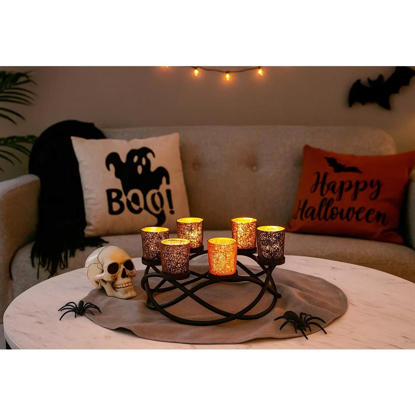 Seraphic Halloween Centerpieces for Decorations - Round Candle Holders for Outdoor Patio, Dining, Kitchen, Coffee & Wedding Table Decor, Black Iron Candelabra, 6 Glass Votive Tealight Cups