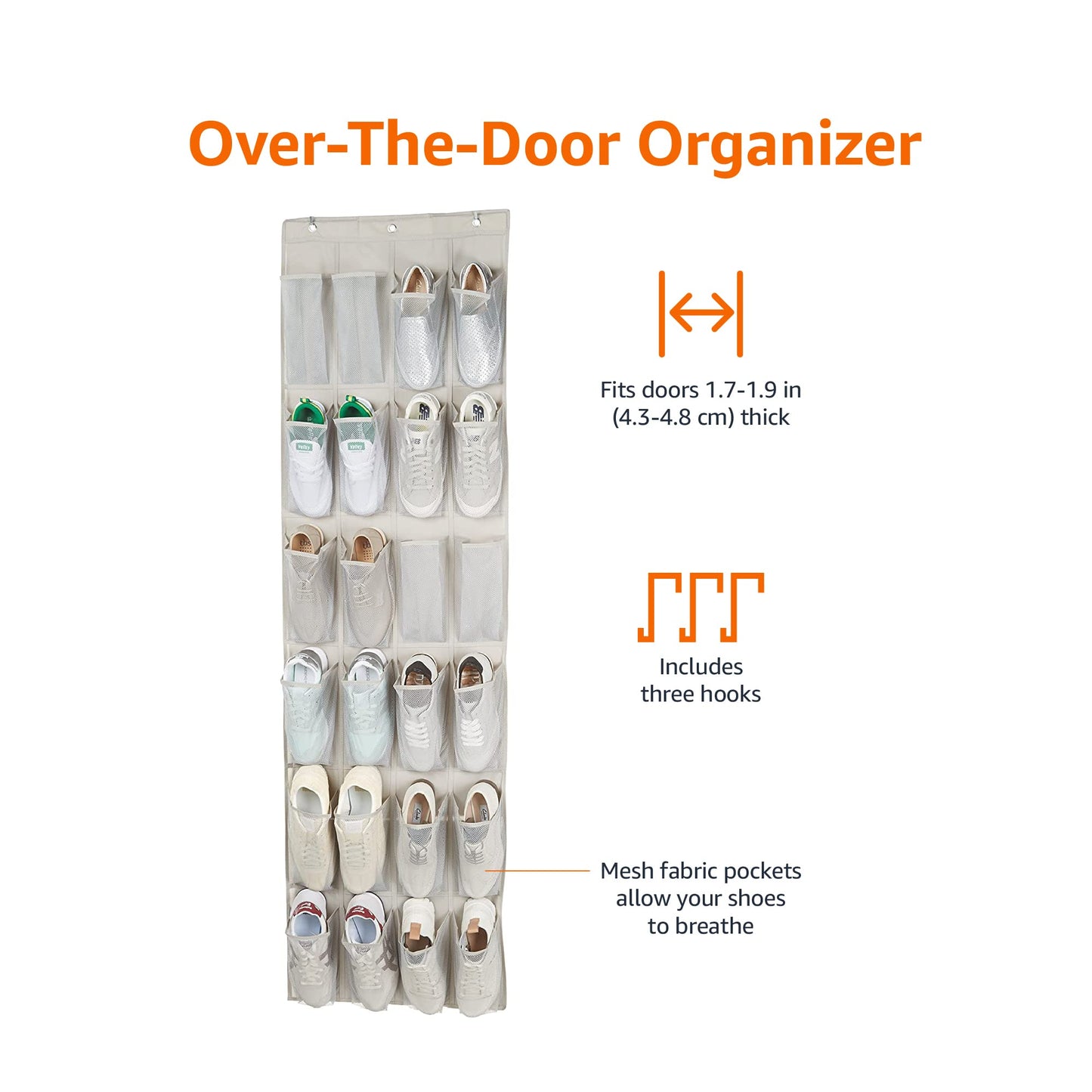 Amazon Basics 24 Medium Pocket Over-the-Door Hanging Shoe Organizer, Light Grey