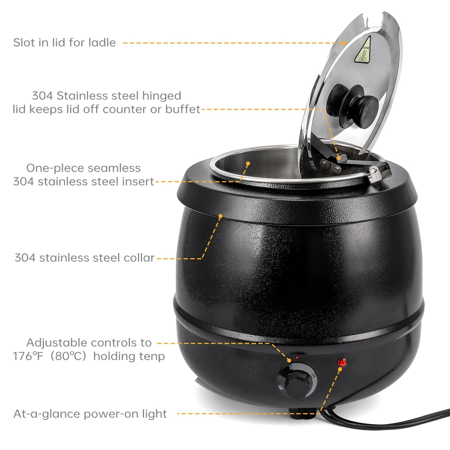 DEXSO 10.5Qts Commercial Soup Kettle Warmer with Hinged Lid and Detachable Stainless Steel Pot - Ideal for Parties, Buffets, and Catering Events