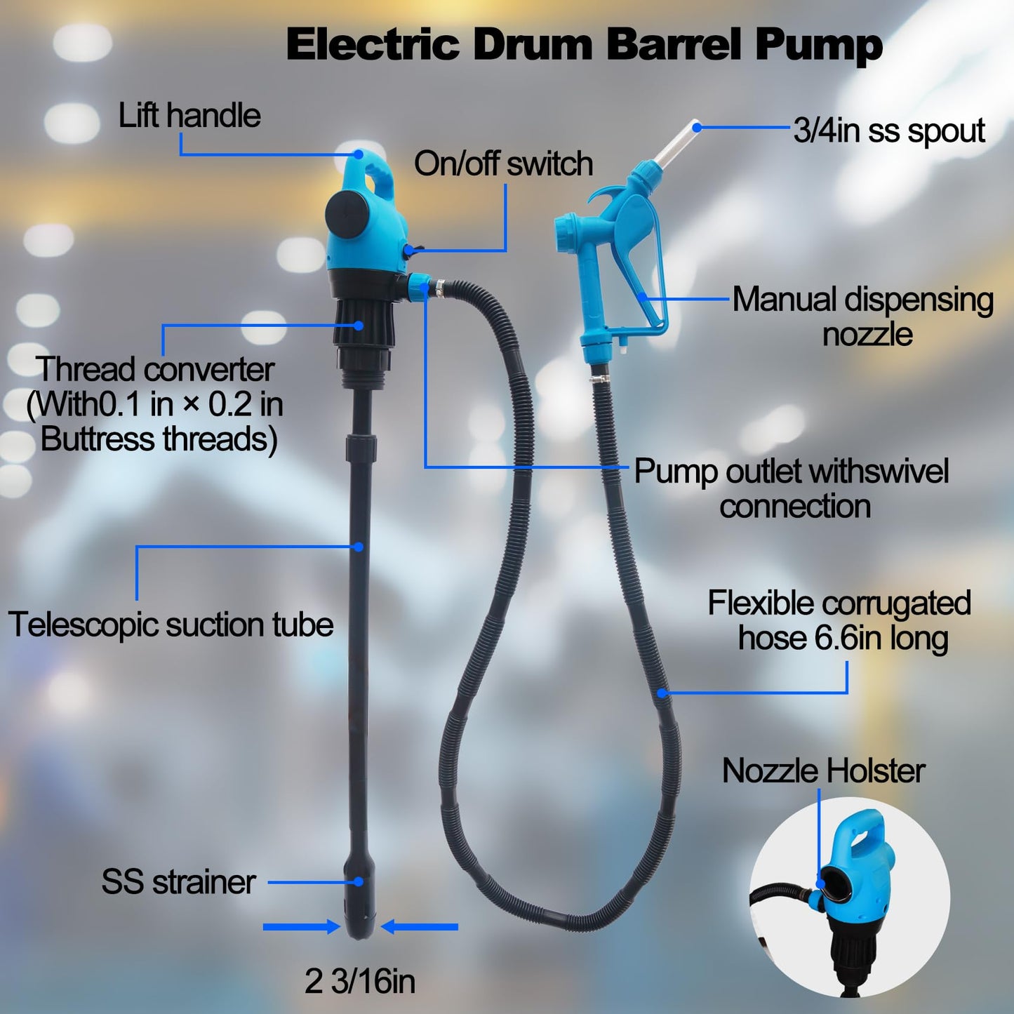 NimRay 120V AC / 12V DC Electric Drum Pump, 55 Gallon Barrel Fuel Pumps with 2-Inch Bung Adapter with Supply 34 in-49 inTelescoping Suction Tube 5 GPM Flow Rate for DEF, Diesel, Water, Antifreeze
