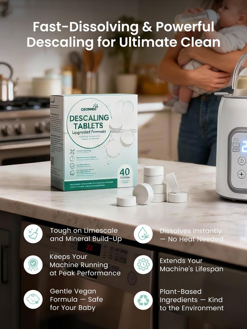 GROWNSY Descaling Agent Descaling Tablets for Bottle Warmer & Sterilizer, Daily Essential Descaler, Cleaner for Baby Food Makers, Deep Limescale & Odor Removal, Performance Care, 40 Count for Regular