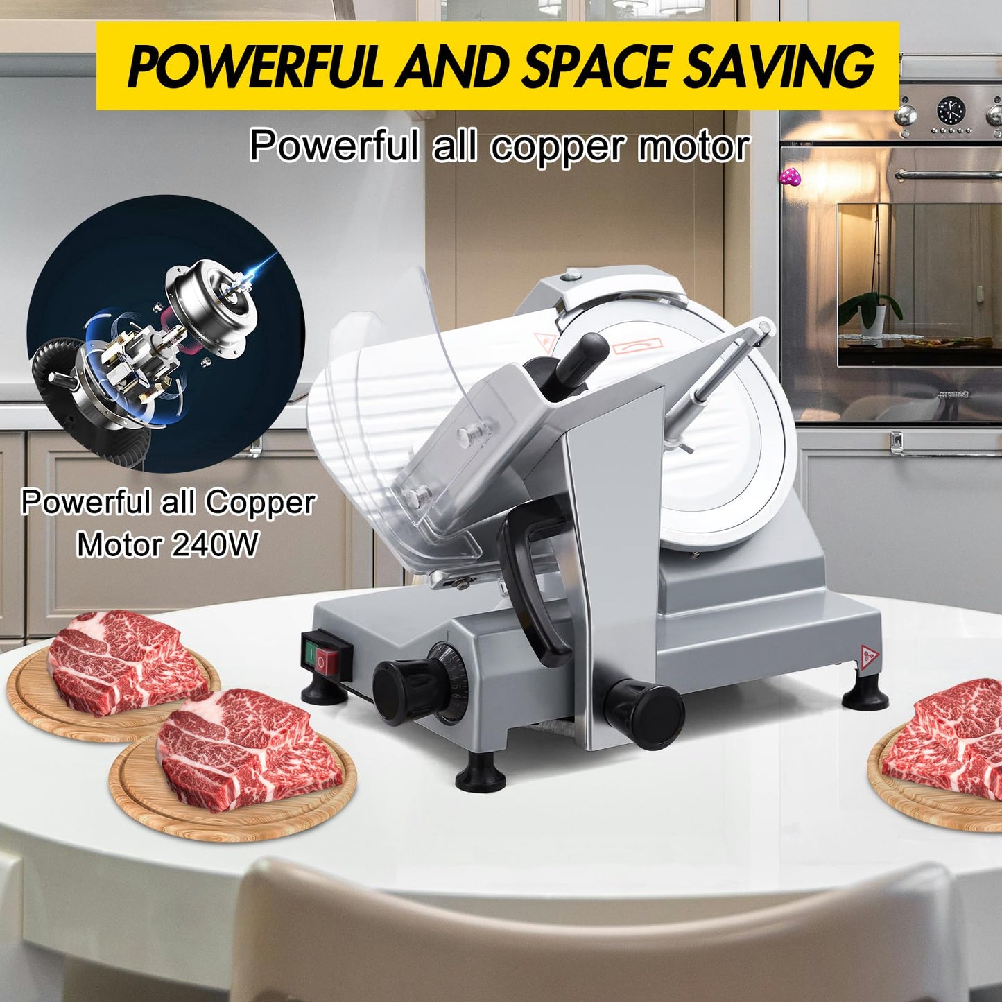10 Inch Electric Meat Slicer, 670W Dual Power Fully Automatic Food Slicer, Stainless Steel Blade, 0-16mm Adjustable Thickness Electric Meat Cutter, Portable Kitchen Slicer for Home Commercial Use