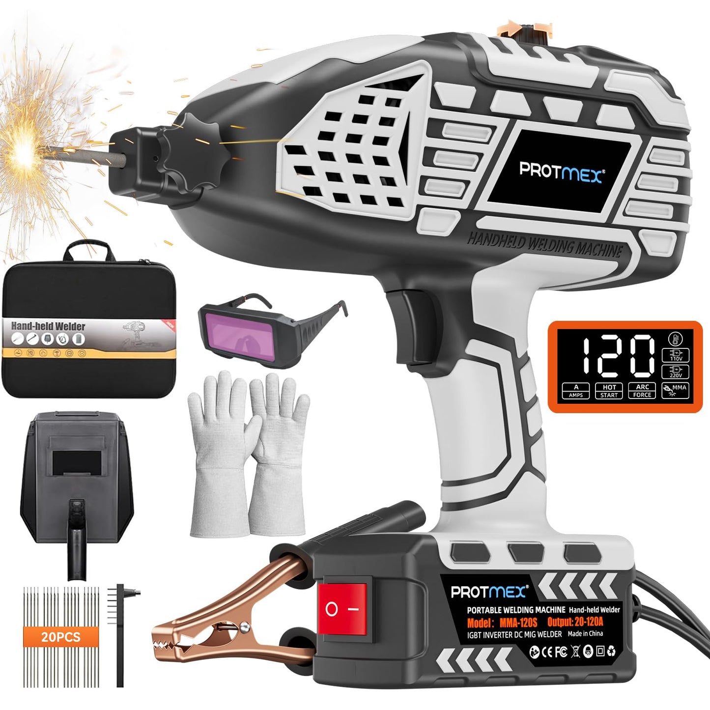 PROTMEX Portable Display Handheld Welder - 110V Portable Welder Machine IGBT Inverter with 5 Adjustable Currents, ARC Welder Gun Fits 3/32"-1/8" Welding Rods for Repair, DIY, Home Projects